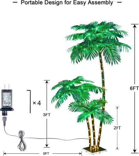 Miniatura 5 de Palmera artificial iluminada de 6 pies, 3 pies y 2 pies, decoración de palmera artificial para exteriores, 203 luces LED, árbol falso