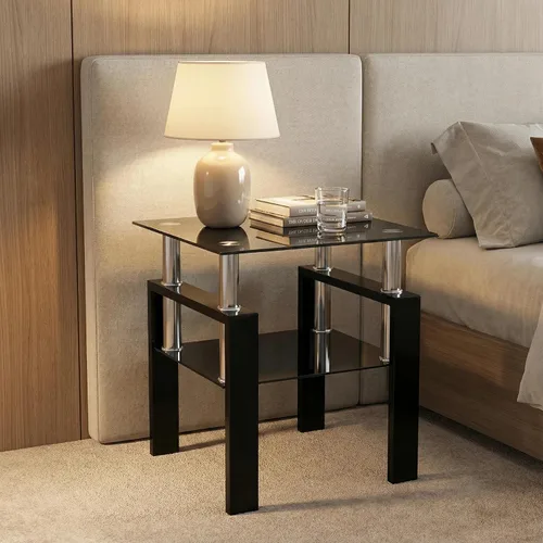 Miniatura 3 de Mesa auxiliar pequeña de cristal, mesa auxiliar de 2 niveles con patas de metal, mesa auxiliar cuadrada negra, elegante y resistente para espacios