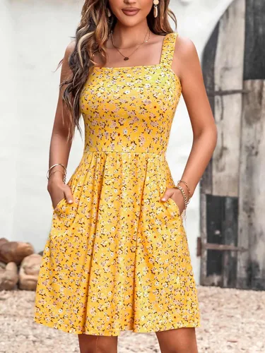 Miniatura 2 de HUHOT Vestido de verano con cuello cuadrado para mujer, con bolsillo, lindo, sin mangas, cintura alta, acampanado, vestido midi