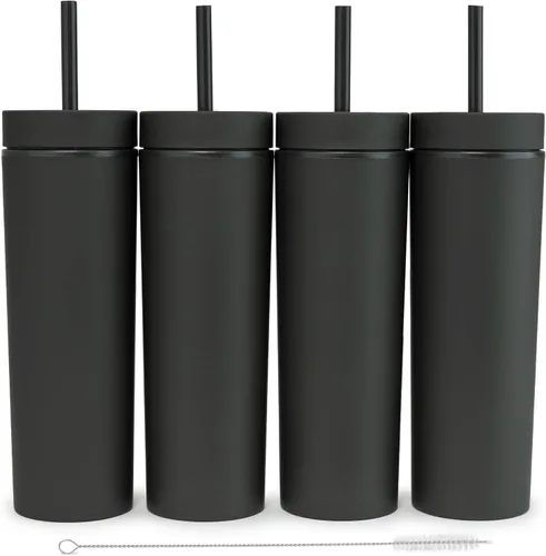 Miniatura 10 de STRATA CUPS Vasos delgados multicolor con tapas y popotes (paquete de 12) - Vaso acrílico de doble pared de 16 onzas, vasos delgados mate altos, a