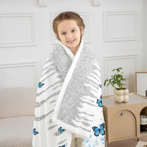 Miniatura 3 de Manfei Manta de mariposa azul con purpurina plateada para sofá, manta de cama con estampado de leopardo azul para niños y niñas, decoración