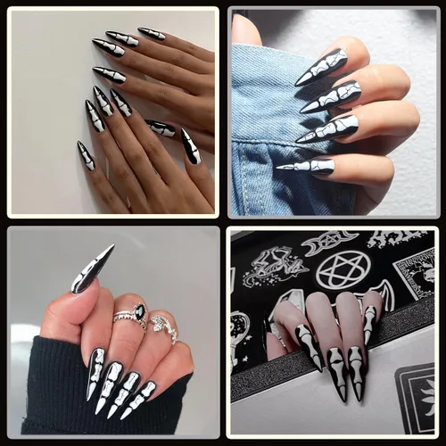Miniatura 2 de 24 uñas postizas largas a presión de Halloween, con diseño de huesos góticos, uñas postizas acrílicas de almendra, hueso de dedo, cobertura