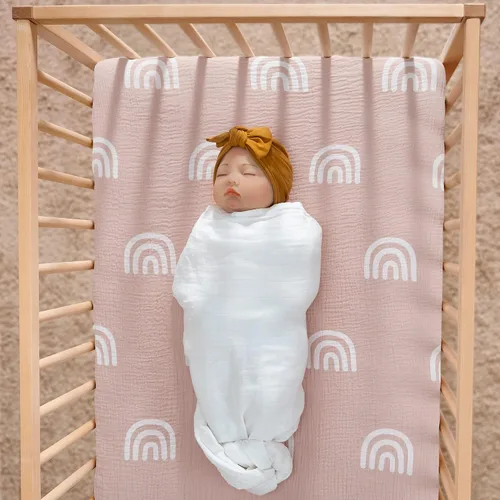 Miniatura 2 de Meracorallo Sábana bajera ajustable de muselina para cuna, suave y transpirable, sábana de cuna para bebé con diseño de arcoíris para cunas estándar
