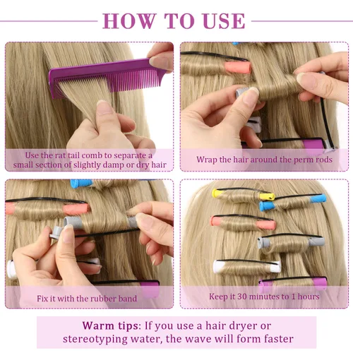 Miniatura 3 de WILLBOND Juego de 60 varillas permanentes de plástico para cabello de onda fría para cabello natural, rodillos rizadores largos y cortos con peine