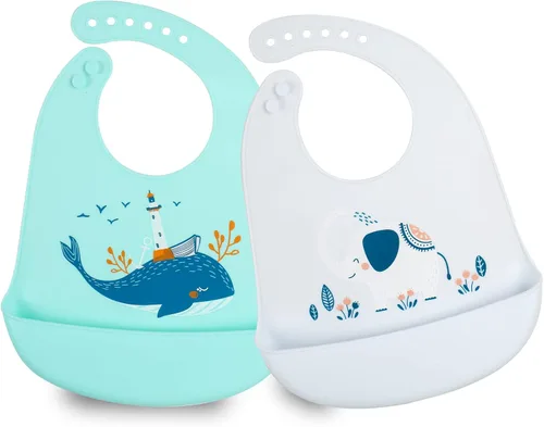 Miniatura 8 de Baberos de alimentación del silicón del bebé, 3pcs baberos impermeables ajustables para la alimentación