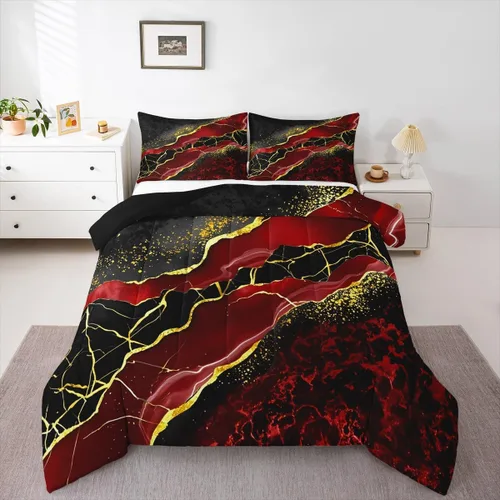 Miniatura 37 de Juego de edredón de mármol negro individual, ropa de cama dorada agrietada para adultos, hombres y mujeres, juegos de edredón de textura metálica