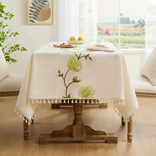 Miniatura 8 de Softalker Mantel rectangular bohemio de lino y algodón con borlas, mantel resistente con flores, mantel decorativo floral para cocina y comedor