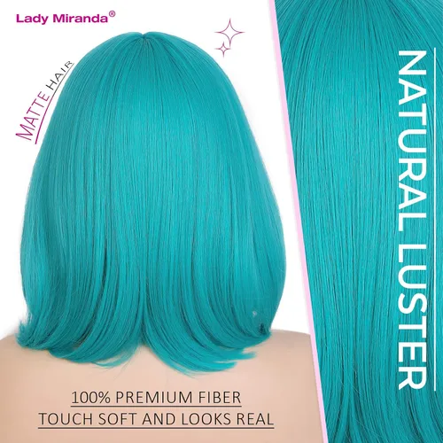 Miniatura 8 de Lady Miranda Peluca verde azulado corta Bob con flequillo para mujer, resistente al calor, peluca sintética turquesa de 12 pulgadas, peluca