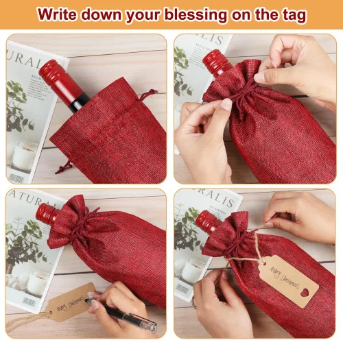 Miniatura 5 de Shintop 12 bolsas de vino de arpillera, bolsas de regalo reutilizables para botellas de Navidad con cordón para bodas, catas a ciegas, cumpleaños