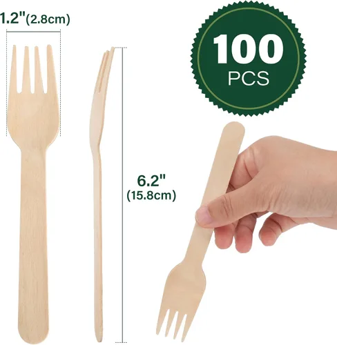 Miniatura 2 de LotFancy Tenedores desechables, 100 tenedores de madera, 6.2 pulgadas, biodegradables compostables, ideales para camping, picnic, cenas, suministros