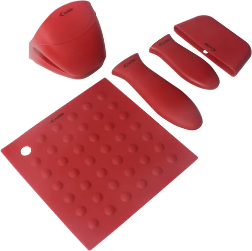 Soportes de silicona para mango caliente, agarraderas (paquete de 5 unidades, rojo mezclado) para sartenes de hierro fundido, sartenes, sartenes y