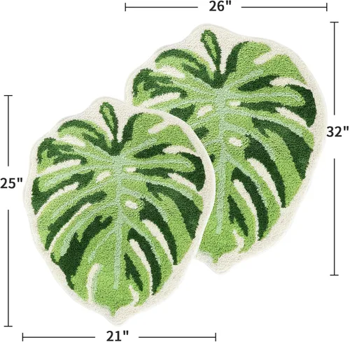 Miniatura 3 de Litabel Juego de Alfombras de Baño de Hoja Verde de 2 Piezas, Lindas Alfombrillas de Baño Antideslizantes en Forma de Monstera de Felpa, Juego
