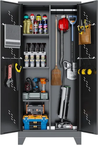 Miniatura 9 de VASAAOSD Armario de Almacenamiento para Escobas de 61", Gabinete de Almacenamiento de Metal con Puertas, Gabinetes Utilitarios para Escobas
