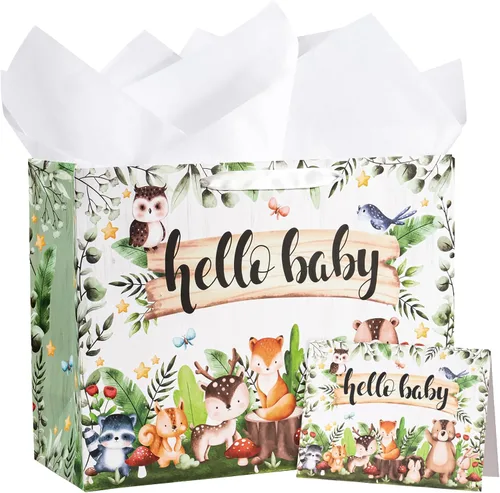 Miniatura 22 de WRAPAHOLIC Bolsa de regalo extra grande de 16" para bebé niña con tarjeta y papel de seda - Para baby shower, bebé recién nacido Jirafa bebé niña