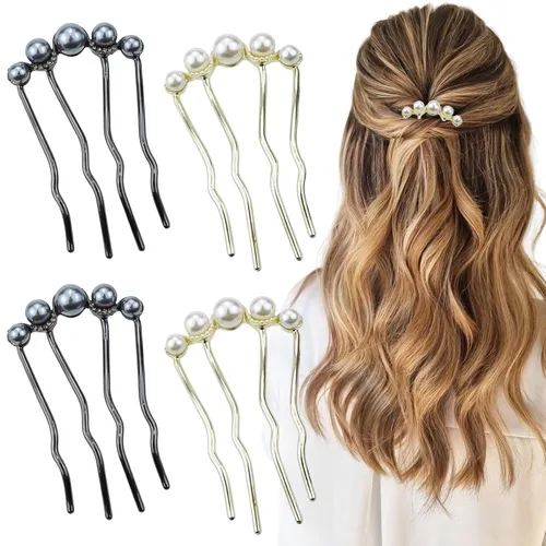 Paquete de 4 horquillas para el cabello retorcidas de perlas, peines laterales en forma de U de perlas, palillos de pelo de 4 puntas, pinzas de