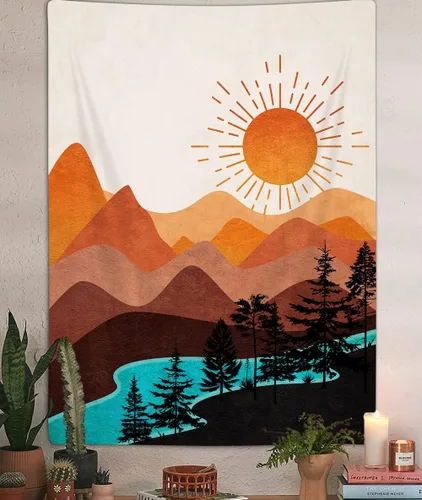 Miniatura 16 de DYNH Tapiz vertical bohemio de montaña, bosque natural, árbol, lago, sol, tapiz bohemio minimalista de mediados de siglo, tapiz para colgar
