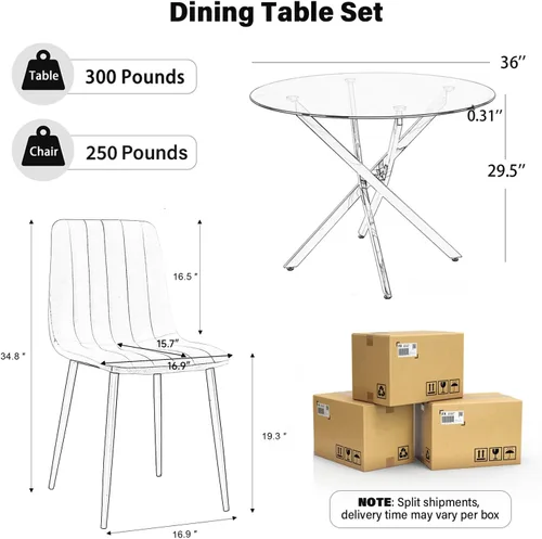 Miniatura 2 de Moderno juego de mesa redonda de vidrio para 4, 36 pulgadas, pequeña base negra de vidrio templado con 4 sillas de comedor minimalistas beige, juego