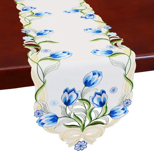 Caminos de mesa pequeños bordados de tulipán, manteles florales de primavera para Pascua (azul, 13 x 35 pulgadas)