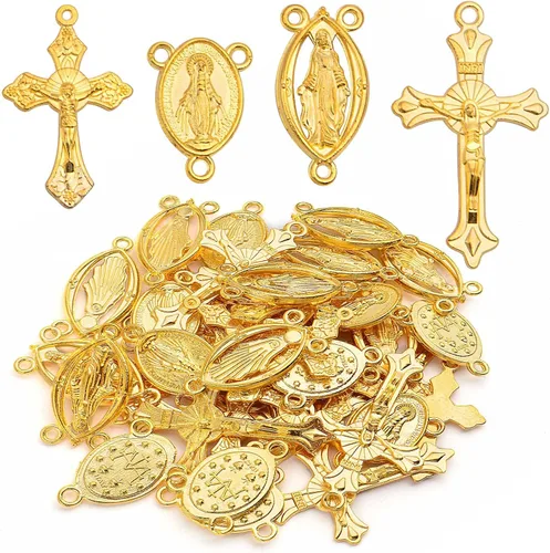Miniatura 10 de 40 piezas de 4 estilos de cruz y centro de rosario de aleación tibetana María milagrosa medalla Jesús Crucifijo Crucifijo y eslabones ovalados