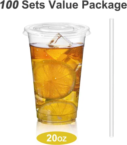 Miniatura 2 de Dealusy Paquete de 100 - Vasos de Plástico Transparente de 20 oz con Tapas, Resistentes y Seguros para Alimentos, Vasos de Café Helado con Tapas