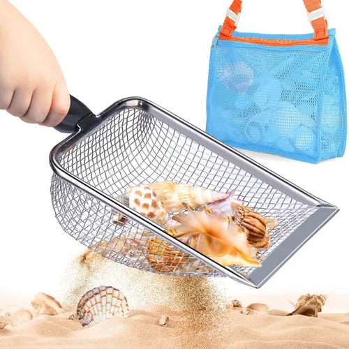 Vodolo Pala de Malla de Playa con Bolsa de Playa de Malla para Recolección de Conchas, Colador de Arena para Niños para Recoger Conchas, Tamiz