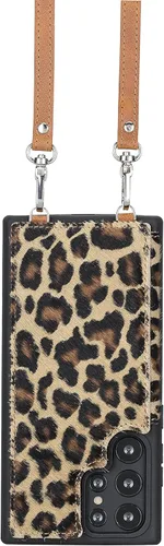 Bayelon Funda cruzada de cuero compatible con Samsung Galaxy S23 Ultra, funda de cuero de grano completo con correa de cuero para el hombro Leopard