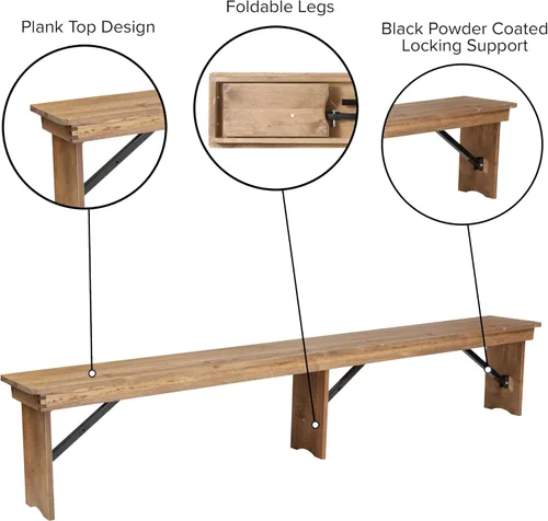 Miniatura 5 de Flash Furniture Hercules Series - Banco plegable de pino macizo rústico de grado comercial de 8 x 12 pies, banco de comedor antiguo de 3 patas