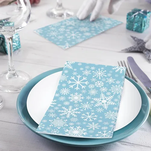 Miniatura 6 de Servilletas de papel desechables de 3 capas de copos de nieve de color azul cielo, servilletas de papel desechables para cena, suministros de fiesta