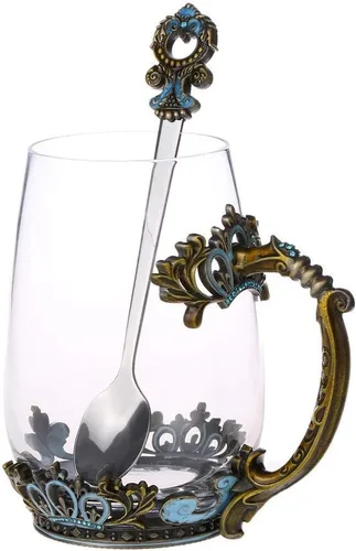 Miniatura 7 de Taza de té de cristal, regalo del día de la madre, taza de té de vidrio con asa, diseño único de esmalte de corona para Navidad, boda, cumpleaños