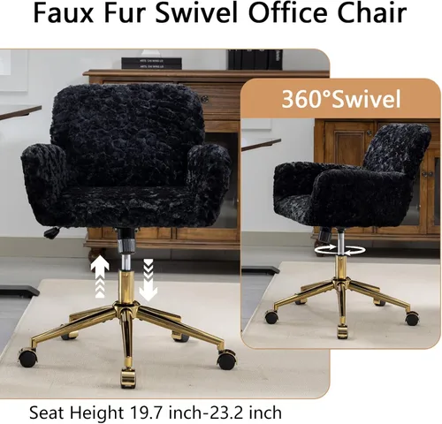 Miniatura 3 de Silla de escritorio de oficina peluda, piel sintética, tapizada, silla de tocador de maquillaje, silla giratoria de altura ajustable, color negro