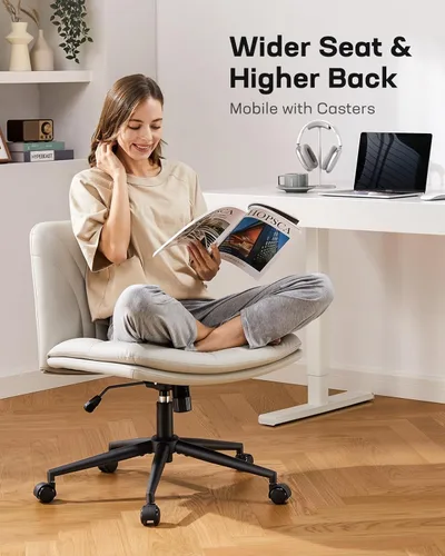 Miniatura 4 de Marsail Silla de escritorio sin brazos con ruedas: Silla amplia de cuero PU con piernas cruzadas, sillas de tarea giratorias ajustables y cómodas