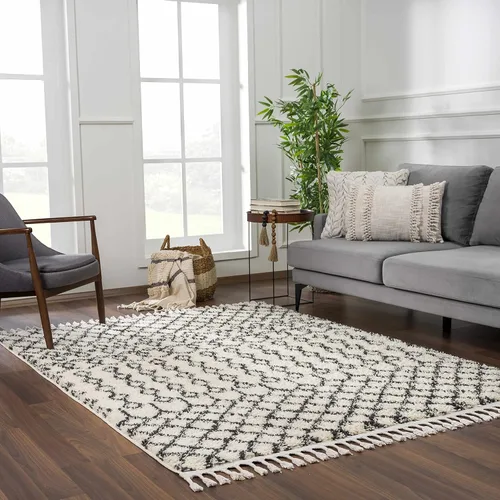 Miniatura 94 de Hauteloom, Duncans - Alfombra de estilo granja de pelo mullido para sala y dormitorio, con borlas - Beige, carbón, gris - 2 pies 7 pulgadas x 7 pies