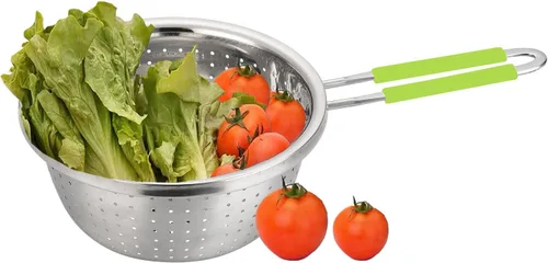 Miniatura 6 de Colador Profundo de Acero Inoxidable Microperforado de 2.5 Quart, Colador de Alimentos de Metal con Asas de Silicona Verde para Drenar Pasta