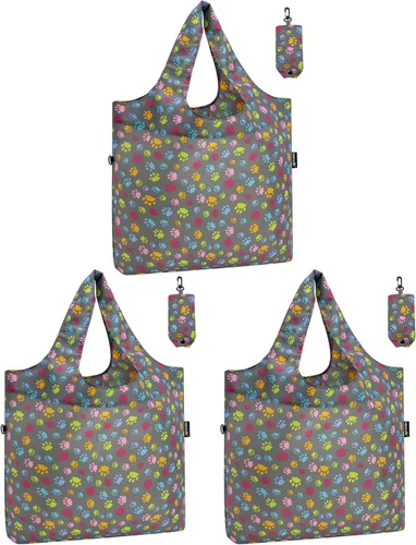 HOLYLUCK Bolsas de comestibles reutilizables, bolsa de compras plegable resistente (estándar, 3 huellas de patas de perro)