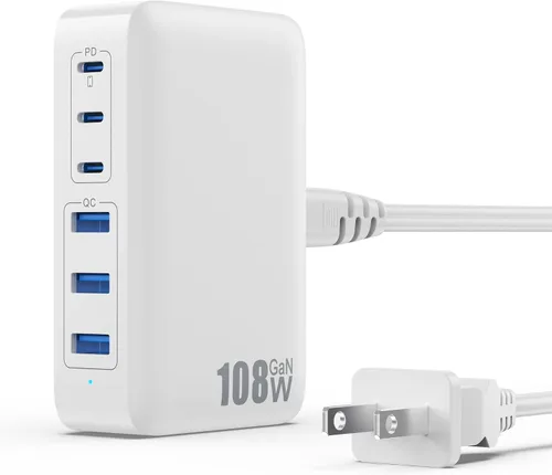 Bloque Cargador USB C Estación de Carga, 108W GaN III 6 Puertos 3xQC+3xPD Adaptador Enchufe Cargador de Pared Cubo, Hub Caja de Carga Tipo C Súper