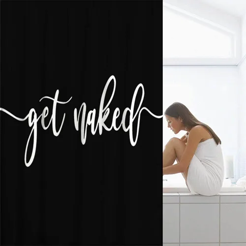 Miniatura 3 de Cortina de ducha divertida y linda con texto en inglés «Get Naked White Words» con fondo negro, diseño simple, lavable a máquina, juego