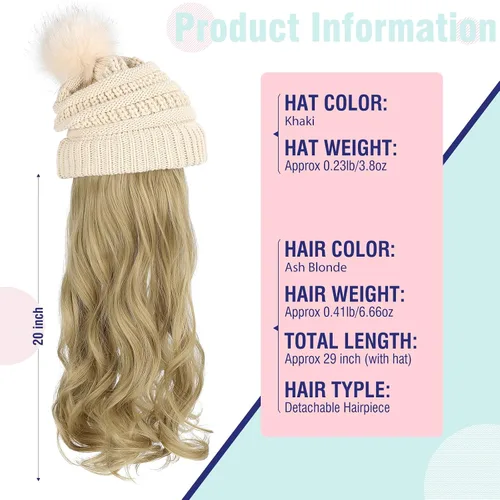 Miniatura 5 de Gorro Peluca Gorro de Lana con Cabello Extensiones Largas Onduladas Gorro de Punto con Pompón Adjunto de 20" Pieza de Cabello Sintética Removible