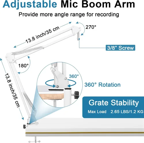 Miniatura 3 de Brazo de boom blanco para Hyperx Quadcast S, soporte de micrófono Hyperx Quadcast blanco ajustable compatible con Hyperx Quadcast con filtro pop