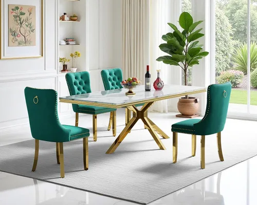 Miniatura 13 de Juego de mesa de comedor de mármol para 6, mesa de cocina rectangular de mármol blanco de 70 pulgadas con patas en X de acero inoxidable dorado