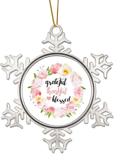 Merry Christmas Metal Snowflake Christmas Ornaments Floral Wreath Grateful Thankful Blessed Ornaments for Christmas Tree Xmas Engagement Party Decor