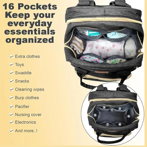 Miniatura 5 de Mochila para pañales – Bolsa de bebé grande impermeable con puerto de carga USB, cambiador y correas para cochecito – Organizador de viaje elegante
