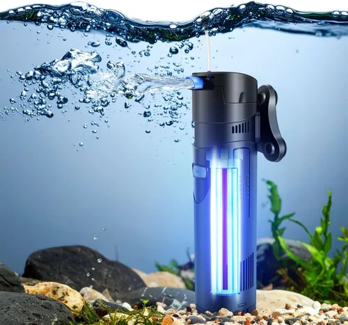 Flexzion Filtro de acuario U-V, filtro de tanque de peces de 100 galones con luz U-V para limpieza de control verde, bomba sumergible de acuario de