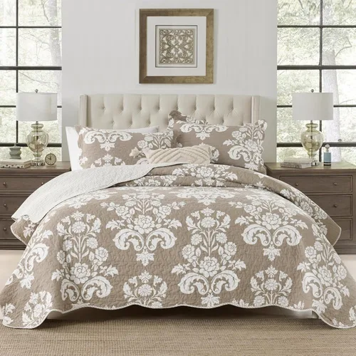 Miniatura 15 de Juego de edredón 100% algodón tamaño Queen de 3 piezas, edredón floral de damasco con 2 fundas, colcha acolchada floral vintage, ropa de cama ligera
