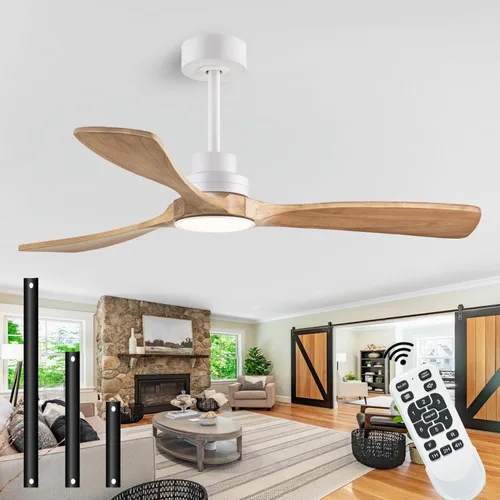Miniatura 18 de Ventilador de techo de 52 pulgadas sin luz, con control remoto, motor CC reversible, con 3 aspas de madera maciza, para patio, sala de estar, Nogal