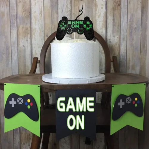 Miniatura 7 de Game On Big Cake Topper – Controlador de videojuegos dorado negro y verde para decoración de pasteles para niños y niños, suministros de fiesta