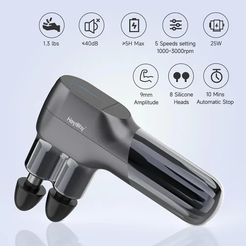 Miniatura 5 de HEYCHY Mini pistola de masaje, masajeador de percusión de tejido profundo con doble cabeza, 5 niveles de velocidad y 4 accesorios, pistola portátil