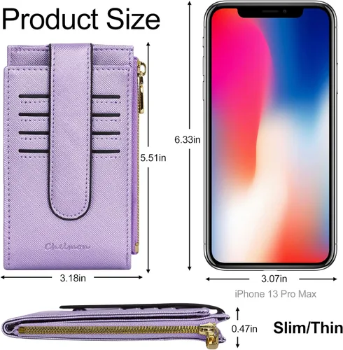 Miniatura 8 de Chelmon Billetera delgada con bloqueo RFID para mujer, con bolsillo con cremallera, Púrpura claro, Minimalista