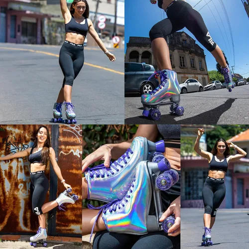 Miniatura 5 de JajaHoho Patines de ruedas para mujeres, piel sintética holográfica de alta calidad, patines brillantes de doble fila de cuatro ruedas para niñas