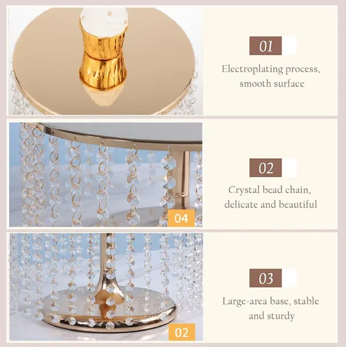 Miniatura 4 de Bigsee Juego de 3 soportes para pasteles dorados, soporte de pastel de metal con espejo, pedestal de pastel con colgantes de cristal y cuentas
