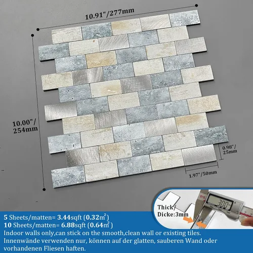 Miniatura 5 de Azulejos adhesivos de ladrillo para salpicaduras de cocina, azulejos impermeables para salpicaduras de baño (5 hojas, azul gris)